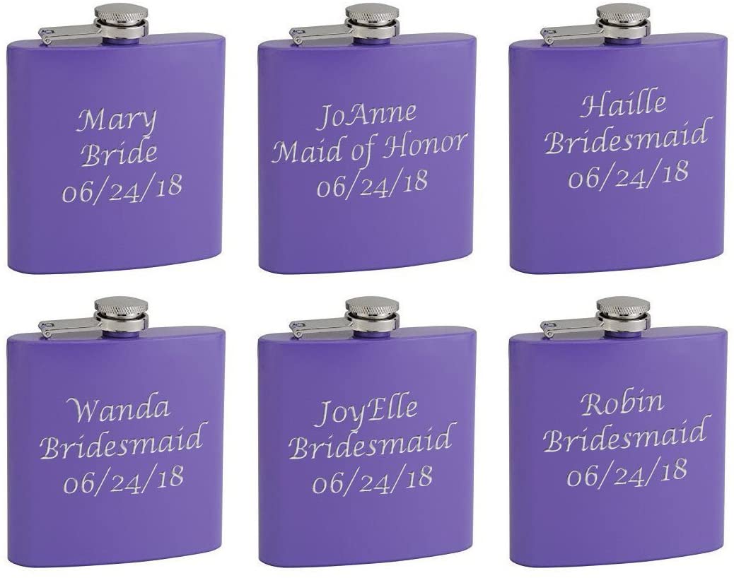 ''Hip Flask Holding 6 oz for Bridesmaid - Purple Finish, Stainless Steel, Screw-On CAP, Expertly Weld